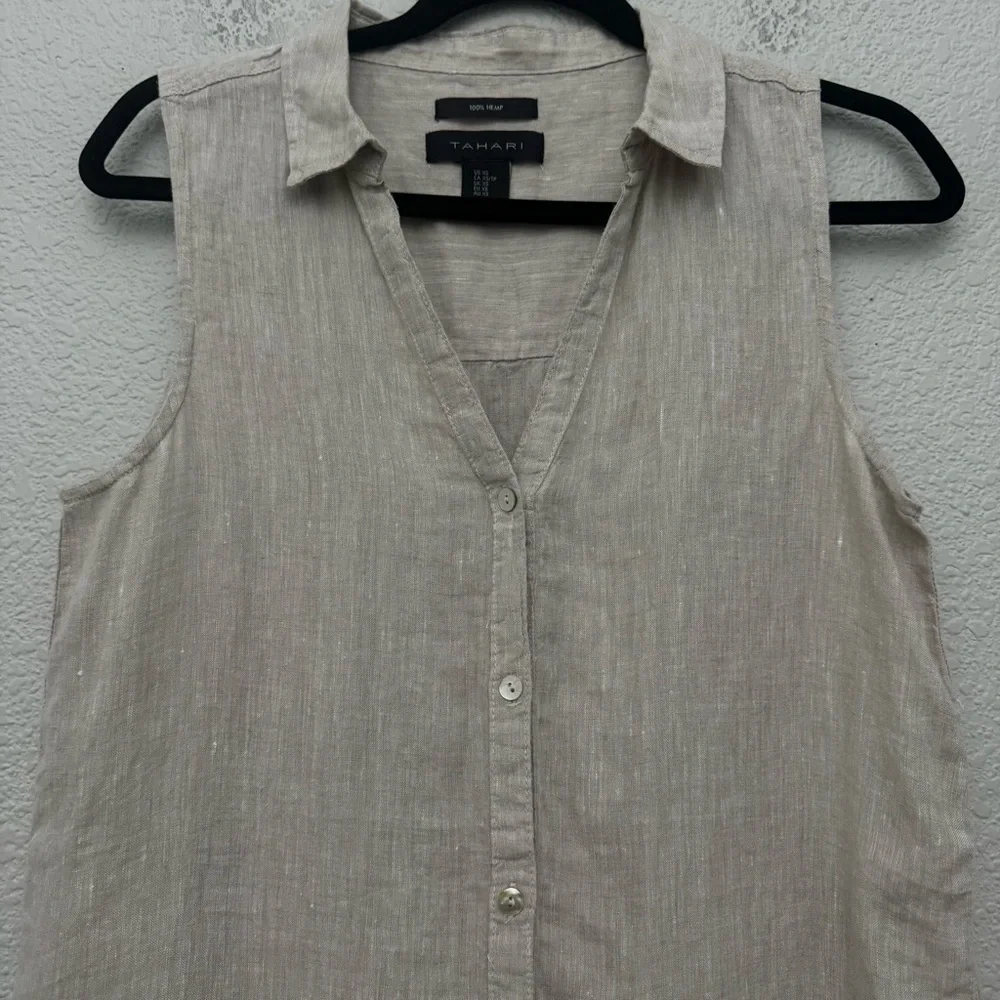 Tahari 100% Hemp Button Front Sleeveless Tunic Top Beige Size XS